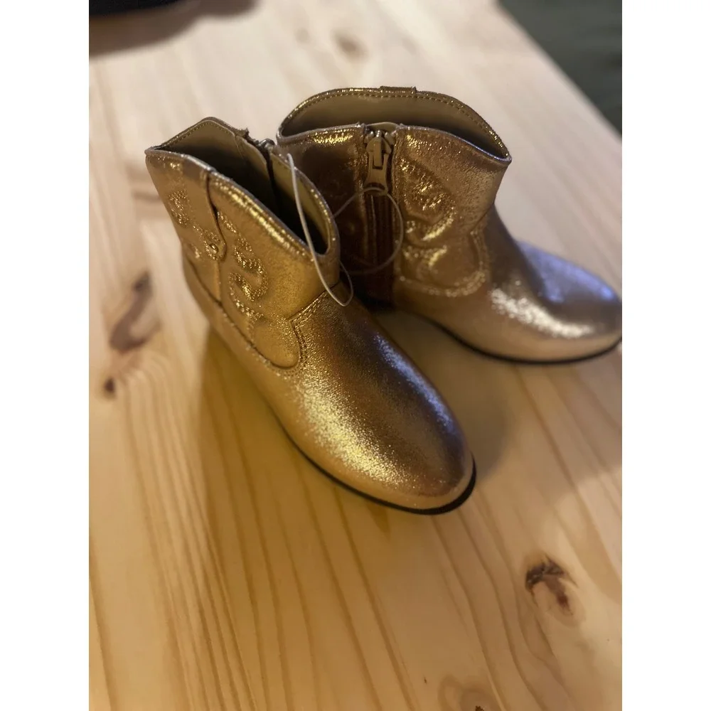 Cat & Jack Girls Metallic Gold Western Cowboy Ankle Boots Side Zip NWT